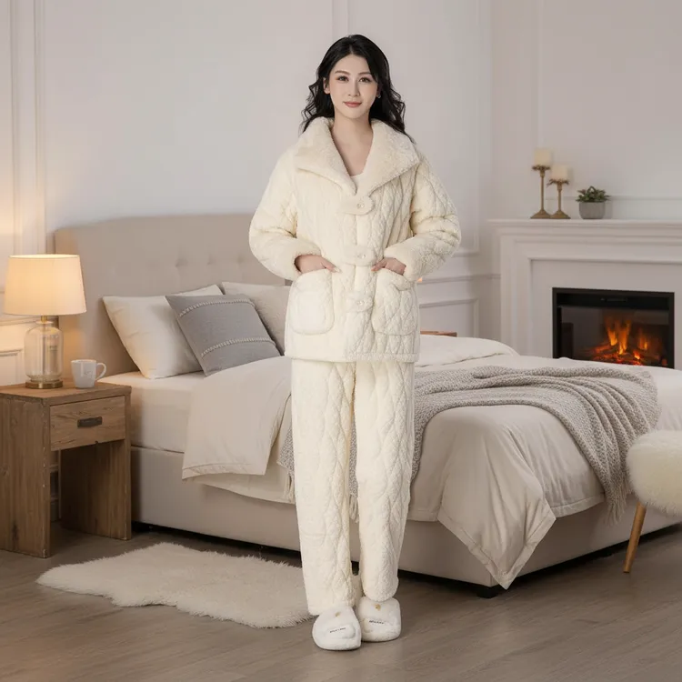 冬季加厚加绒三层夹棉珊瑚绒卡通家居服女套装舒适保暖