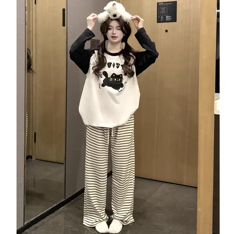 ins韩系卡通休闲睡衣可外穿女春秋新款套装家居服纯棉T恤睡裤夏季