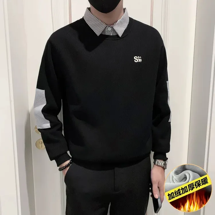 男士新款休闲装假两件韩版加绒衬衫领上衣男士初秋日系翻领卫衣