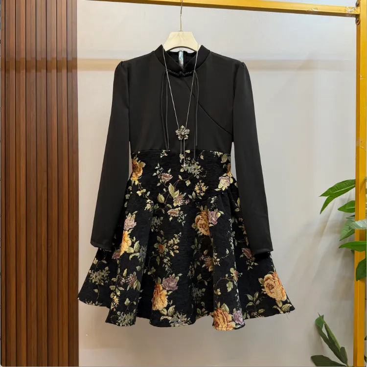 欧货新款大码女装时尚洋气复古拼接显瘦连衣裙