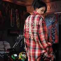 XLUN 美式复古珍珠格子衬衫男女春季百搭休闲宽松撞色上衣外套