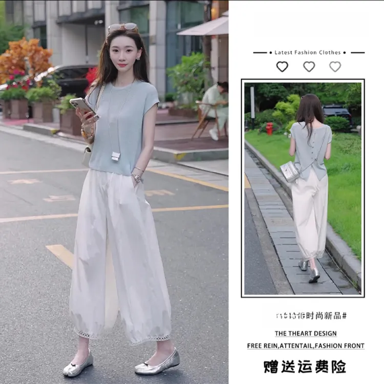 垂感夏季薄款女裤镂空阔腿裤裤女2025新薄款宽松裤脚休闲韩版裤