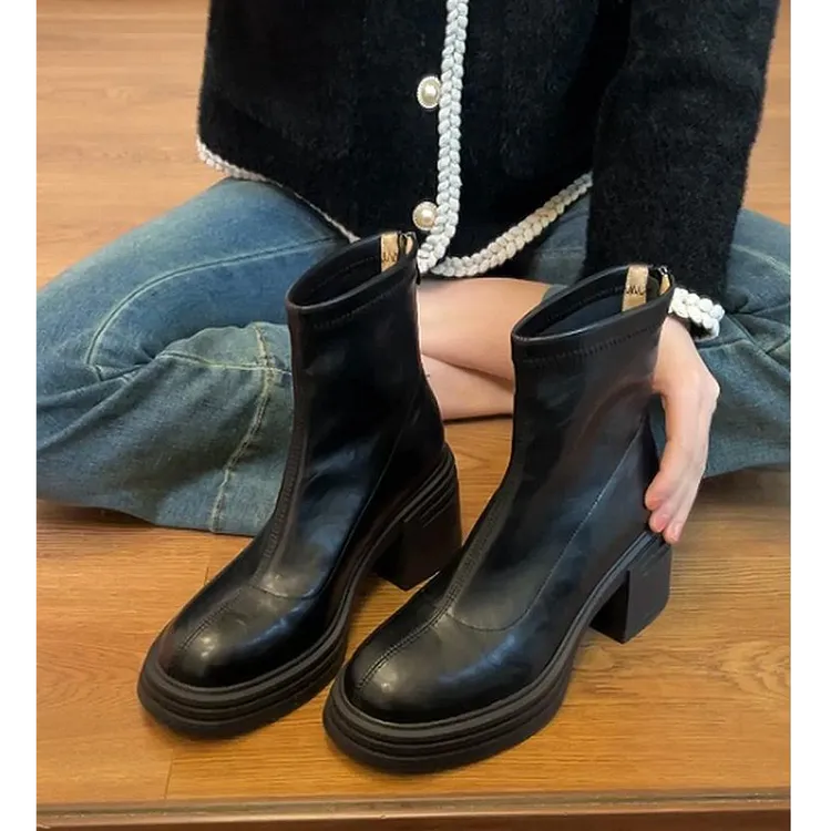 增高厚底短靴女2025秋冬新款切尔西靴子复古法式马丁靴高跟瘦瘦靴