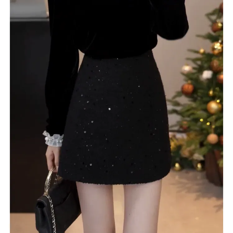 YUANLIANSU/圆脸酥【月下花眠】千金风气质时尚亮片A字半身裙女秋冬