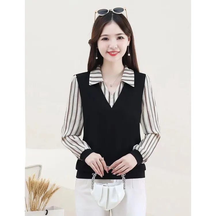 假两件条纹衬衫女士中年妈妈2025春秋装新款时尚显瘦卫衣洋气小衫