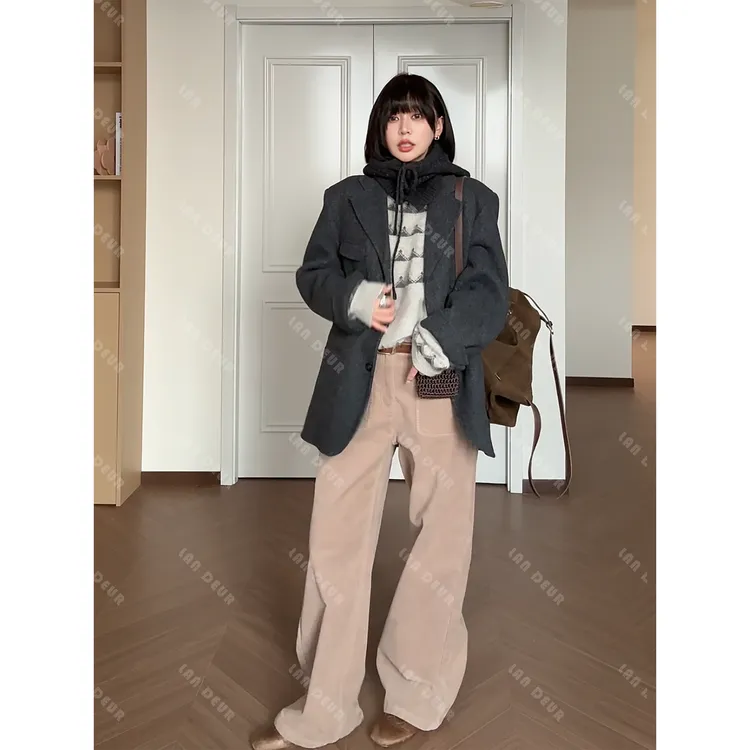 【都市晚钟】时尚百搭宽松美式复古加绒简约直筒显瘦秋冬休闲裤女