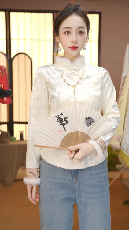 秋冬季加绒加厚中式提花百搭上衣拼接水貂毛YY25112701