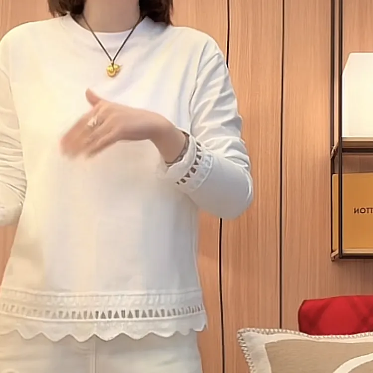 设计感蕾丝肌理感慵懒风长袖T恤女2025新款春季简约圆领套头上衣