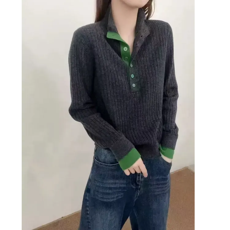深灰色-灰绿拼接立领单排扣针织衫毛衣加厚纯色冬季女毛秋冬毛衫