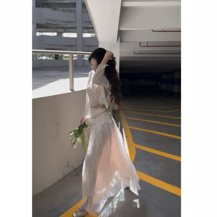 中古股线蕾丝精致千金衬衣半裙套装