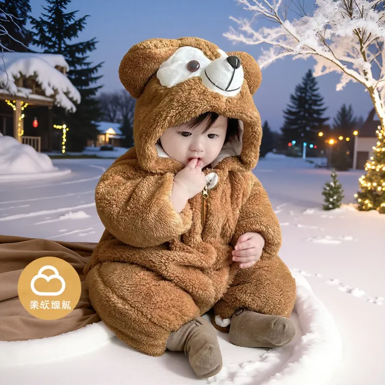 秋冬婴儿童加绒小熊宝宝连体衣保暖超萌加厚动物爬外出服睡衣棉服
