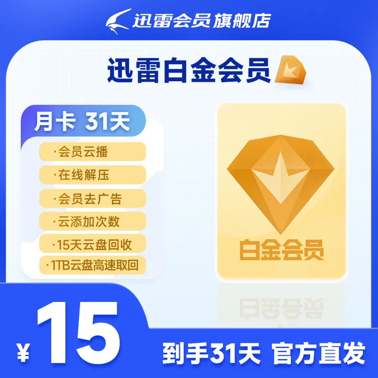 迅雷白金会员1个月卡，3T云盘空间支持高清云播，不支持退款