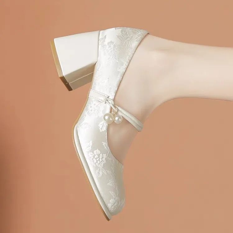 玛丽珍女鞋春秋复古配裙旗袍鞋新中式国风缎面汉服法式气质高跟鞋