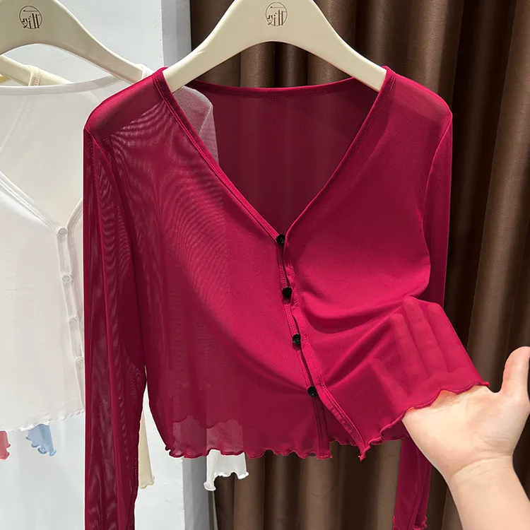 高级感红色木耳边冰丝长袖披肩配吊带裙百搭短外套女夏季爆款上衣