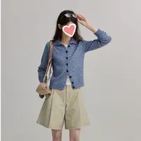 甜粿妹妹中古感撞色条纹蓬松修身版型针织小开衫毛衣女