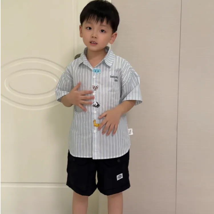 短袖衬衫套装2025夏季新款韩版男童条纹洋气衬衣小童夏装