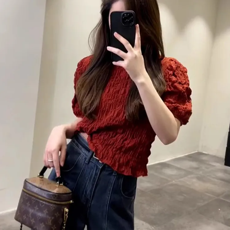 韩系chic别致设计感小众不撞款上衣超好看红色肌理感短袖T恤女夏