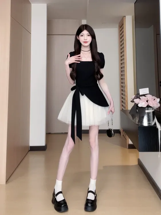 2025夏季撞色褶皱收腰设计感裙子女气质轻奢时尚显瘦连衣裙D1662