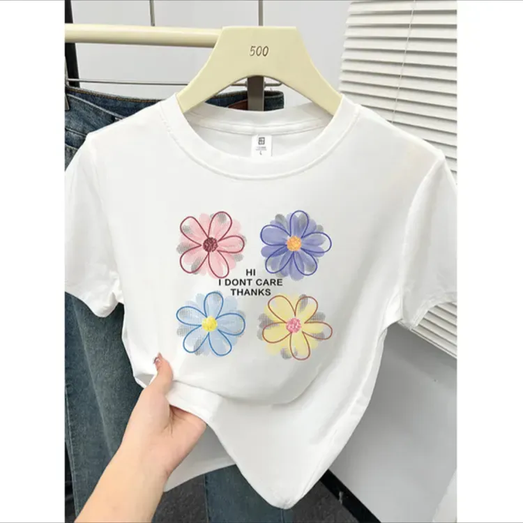 2025夏季新款小个子韩系ins减龄印花圆领正肩短袖t恤女设计感上衣