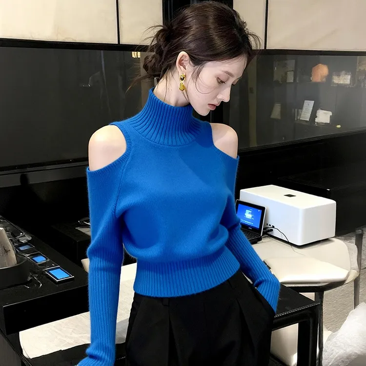 多巴胺风蓝色高领露肩针织衫女秋设计感小众时髦洋气打底收腰毛衣