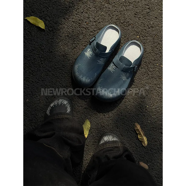 NewRockStarChoppa牛仔布休闲包头拖鞋男 厚底增高通勤穿搭勃肯鞋