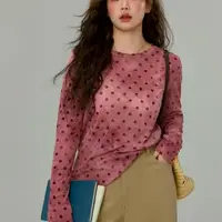 大码女装胖妹妹修身型波点长袖拼接朋克风T恤针织时尚网红碎花