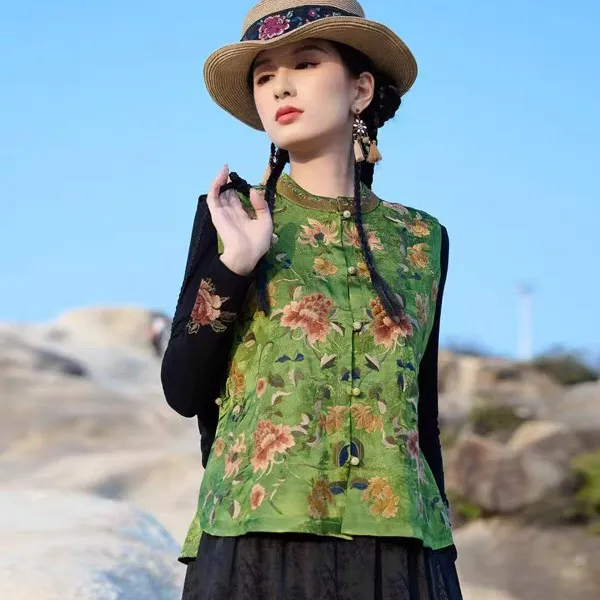 新中式国风提花马甲女重工刺绣民族风女装两面穿显瘦复古绣花马夹