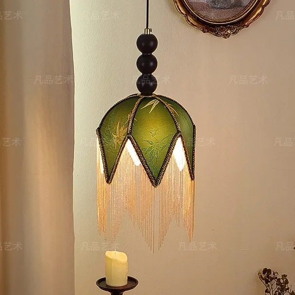 中古风布艺刺绣流苏小吊灯复古风新中式卧室床头中古美式装饰