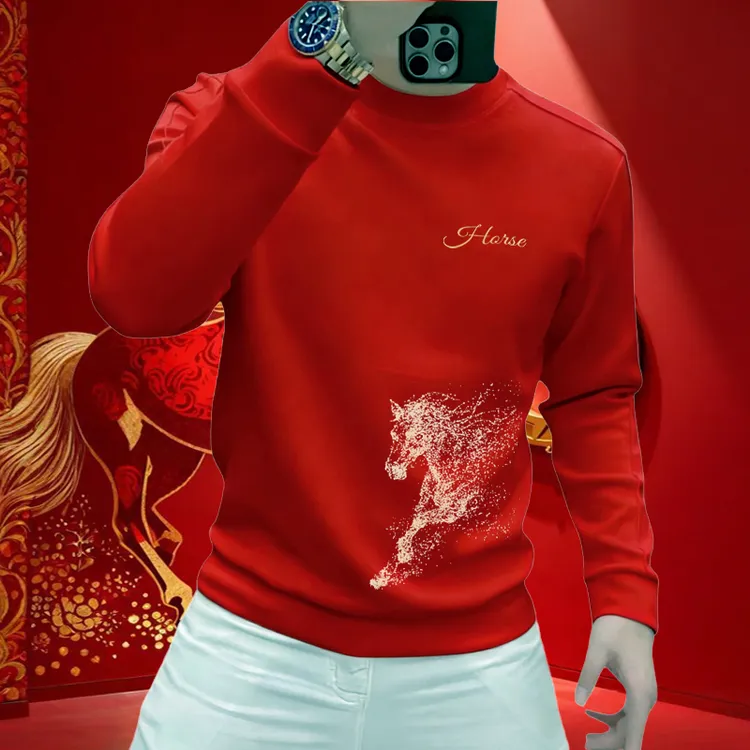 2026马年红色卫衣男士本命年喜庆红衣服新款百搭休闲修身上衣体恤