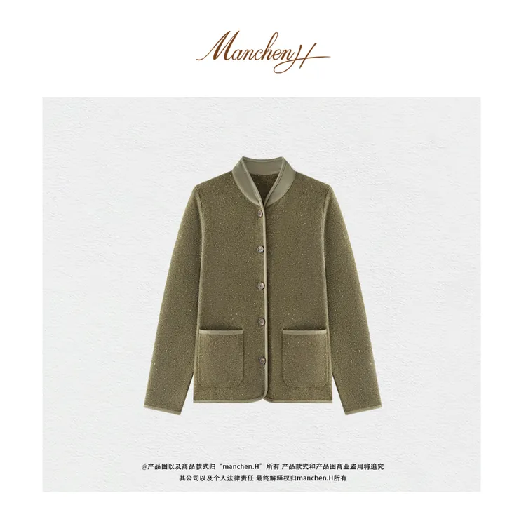 Manchenh"LP静奢风采"重磅100羊绒七彩点子纱拼麂皮绒针织上衣