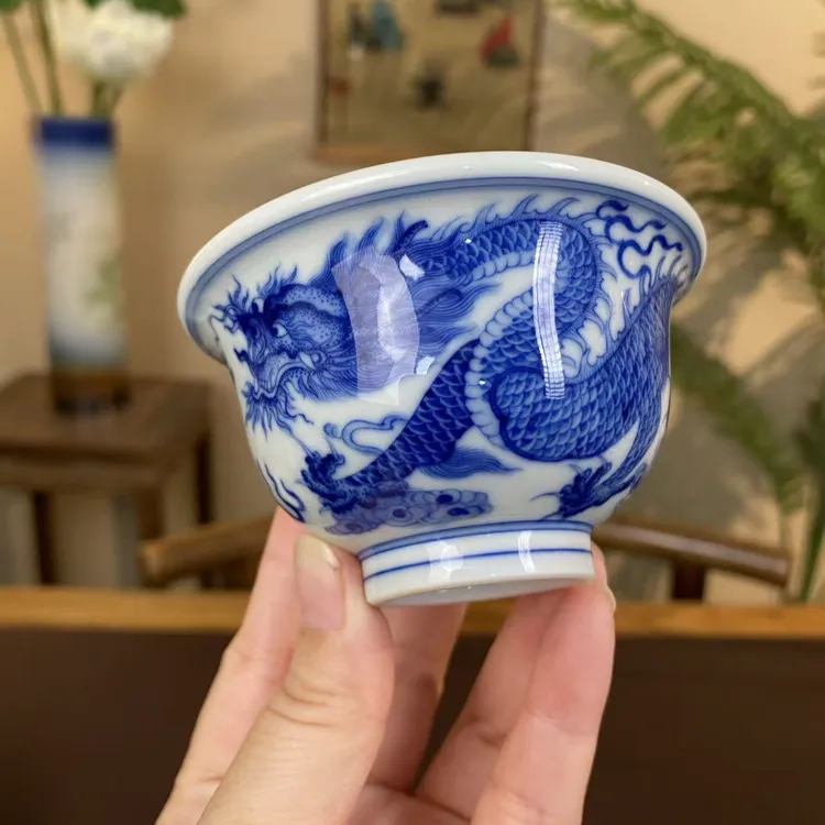 【彧兮竹】柴窑青花压手杯龙凤呈祥对杯景德镇纯手工手绘茶器茶具