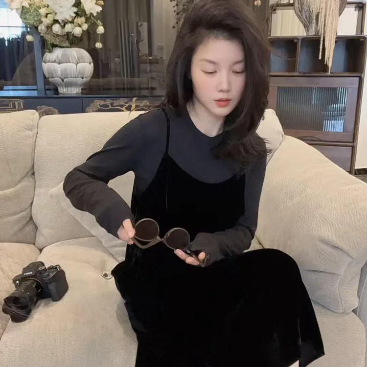 【悦悦专属】新款纯色丝绒吊带开叉连衣裙Y826