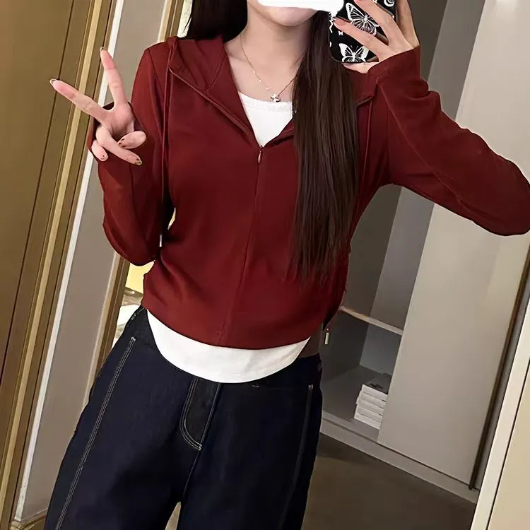 休闲假两件连帽套头上衣女2024早秋新款叠穿百搭显瘦帽衫收腰卫衣