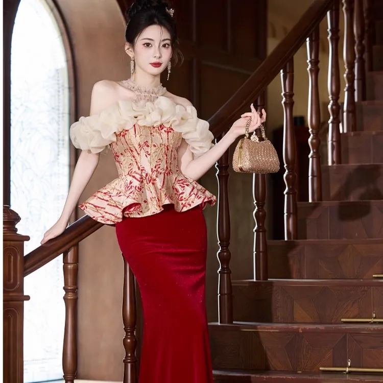 敬酒服女长款鱼尾修身显瘦气质结婚订婚迎宾酒红色晚礼服遮手臂
