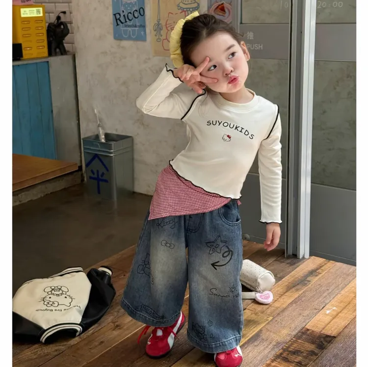 女童秋季新款套装洋气女宝宝字母长袖上衣格子屁帘牛仔裤两件套