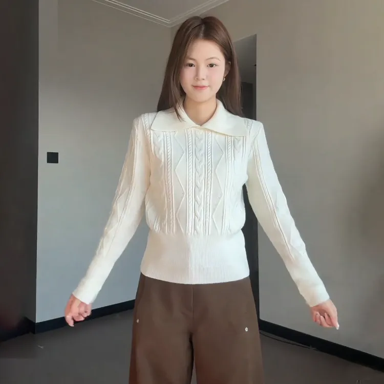 9399polo领套头麻花针织衫女秋冬大码胖mm韩系慵懒风收腰显瘦上衣