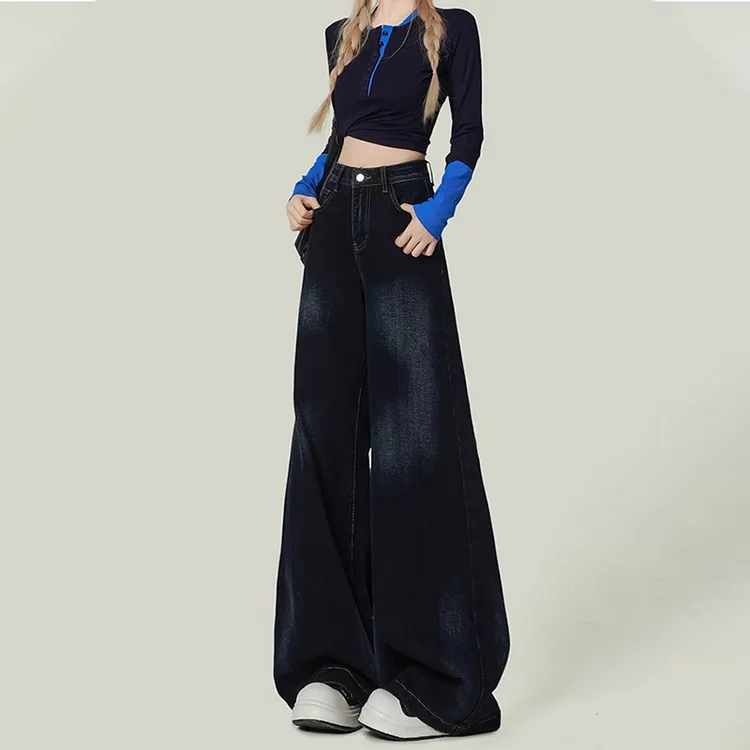 设计感蓝灰色梨形大阔腿牛仔裤女秋冬新款美式高腰宽松垂感长裤子