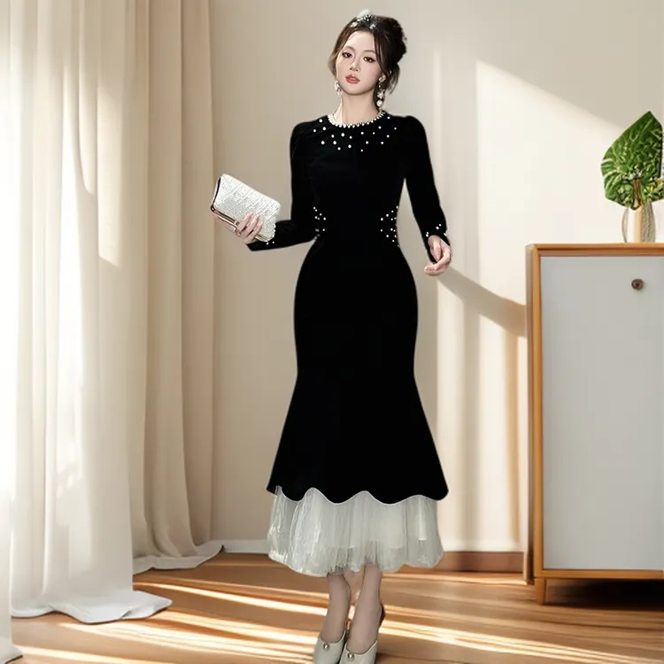 【长裙】法式修身不规则鱼尾丝绒连衣裙精致仙气小黑裙秋冬宴会礼服