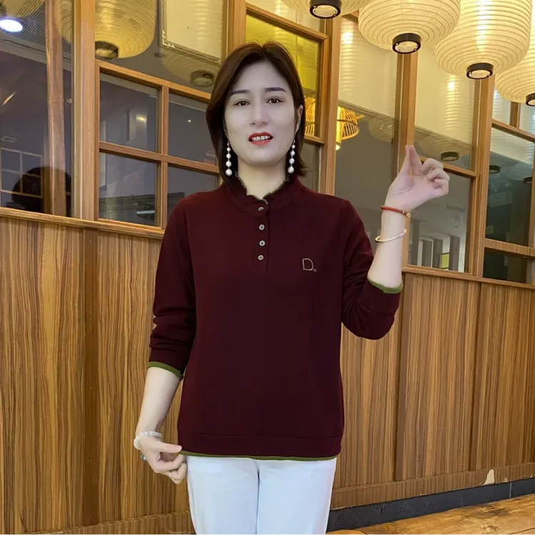 秋冬时尚双面绒宽松显瘦花边领纽扣长袖刺绣休闲打底衫