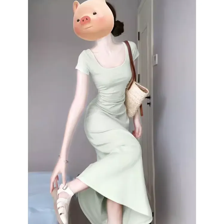 绿色掐腰连衣裙女夏季多巴胺穿搭夏日漂亮绝美小裙子收腰包臀长裙