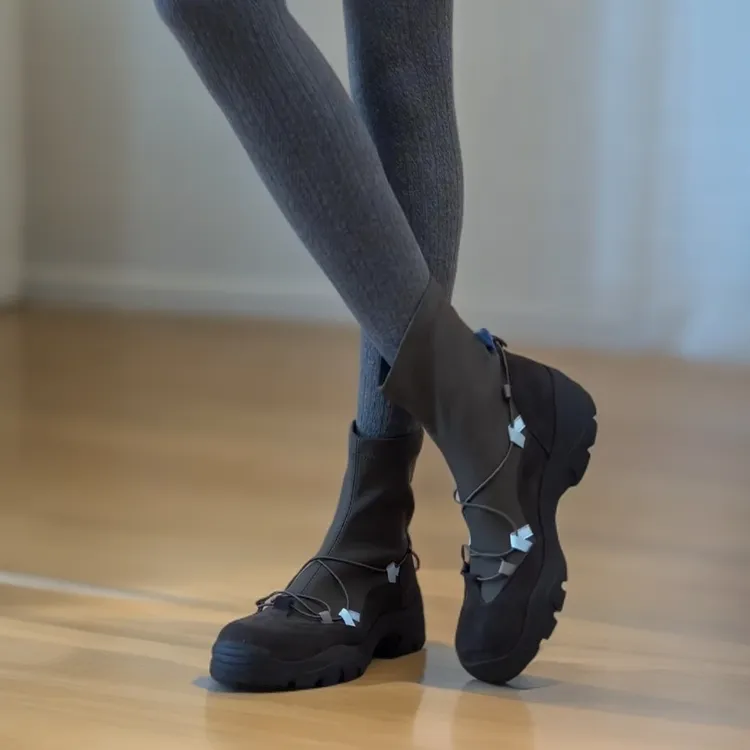 机能短靴!韩版复古厚底交叉带弹力靴女芭蕾风运动瘦瘦靴女袜靴