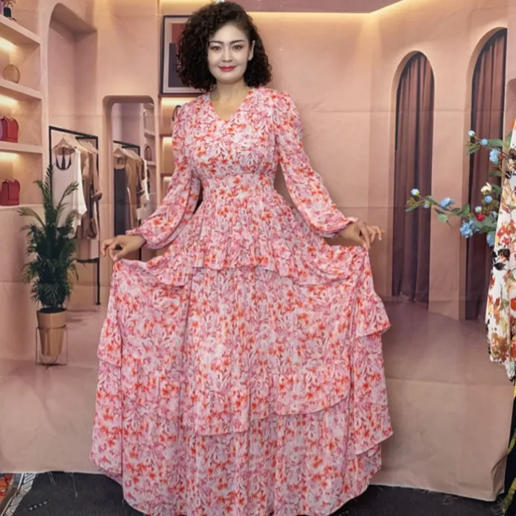 夏季优雅气质长裙V领秋季连衣裙收腰长袖