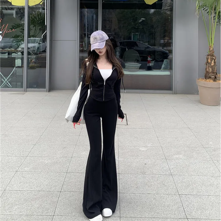 休闲运动套装气质修身连帽长袖卫衣外套女秋季微喇叭直筒裤两件套