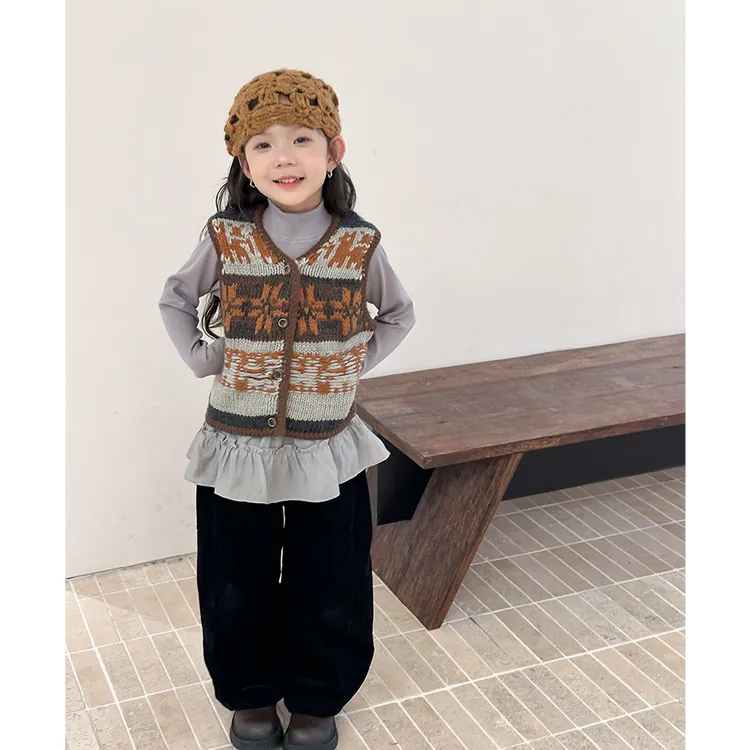 【小梨涡】秋季女童复古针织背心儿童民族风提花马甲坎肩25G173