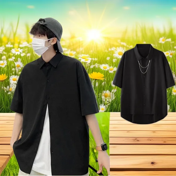 爆款条纹日系型短袖韩版港风百搭青春流行潮流痞气纯色冰丝衬衣