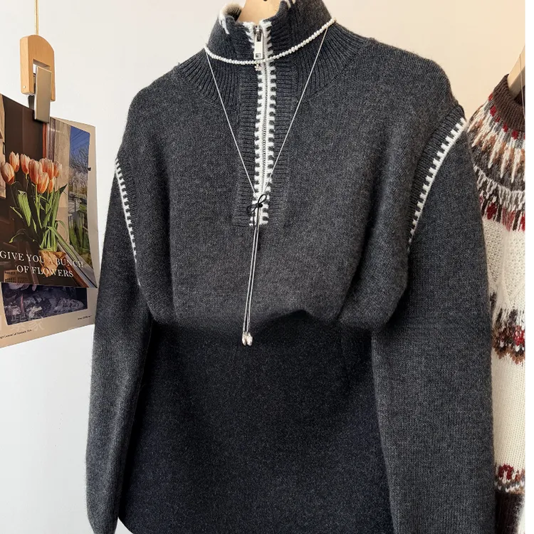 拼色高领半拉链设计感时髦洋气减龄加厚毛衣女装2026冬季新款上衣