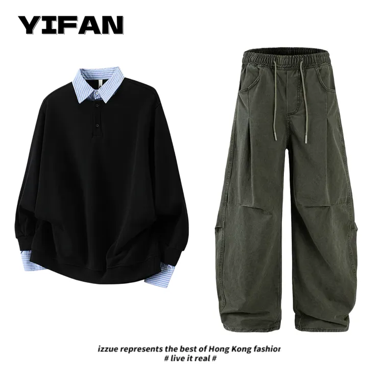 美式假两件衬衫领卫衣男款秋冬撞色拼接长袖polo衫痞帅青少年外套