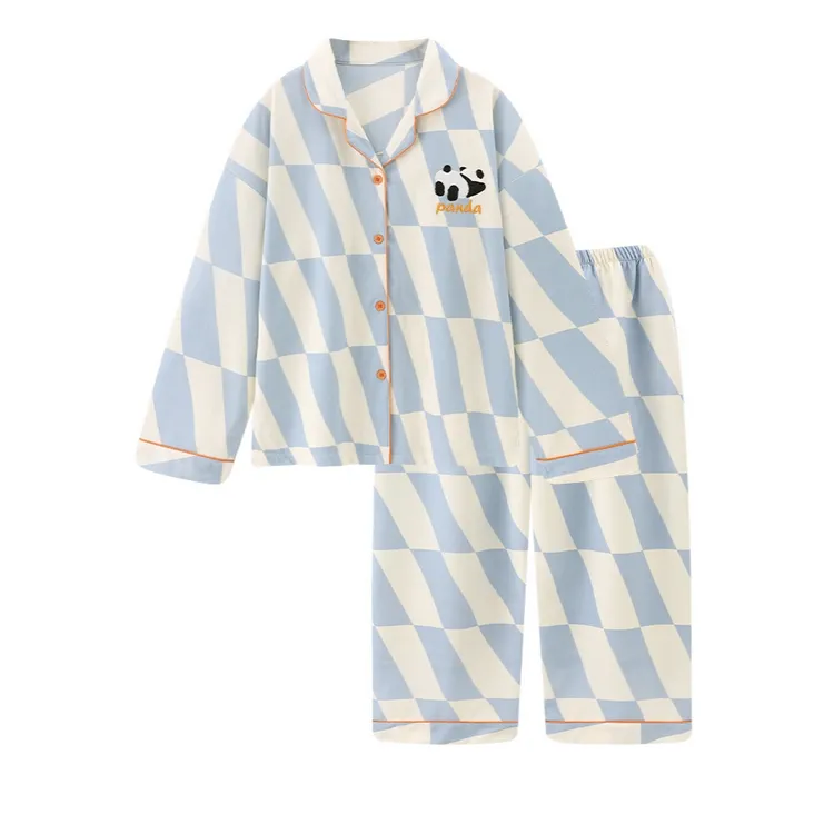 卡通熊猫可爱纯棉格纹睡衣女春秋款长袖可外穿大码家居服套装