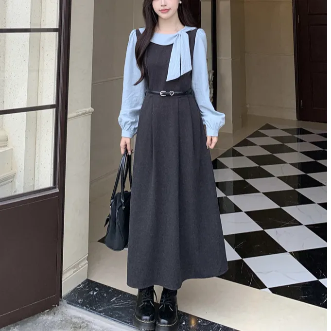 法式假两件拼接高级感连衣裙女秋冬胖mm大码收腰显瘦打底a字长裙