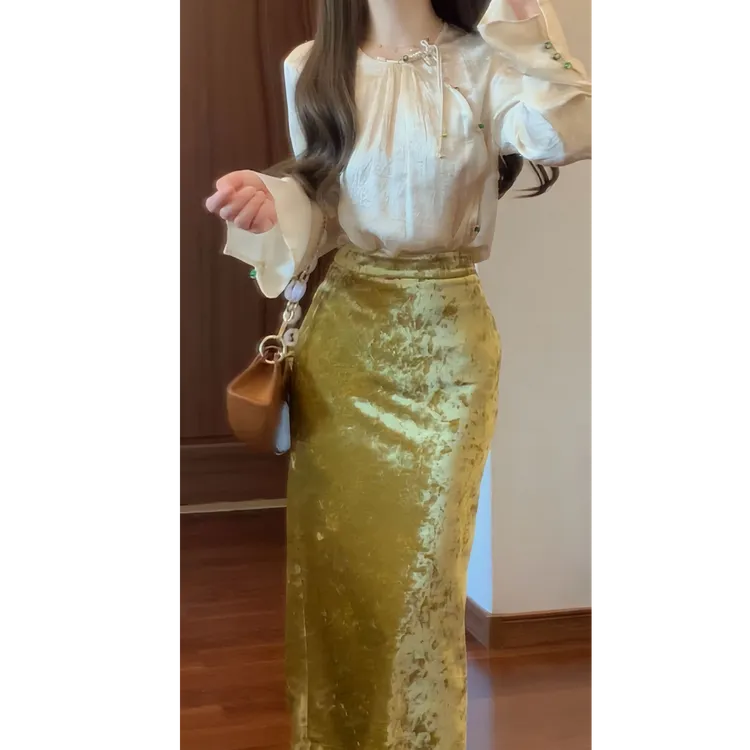 醋酸柔滑新中式盘扣国风衬衫中国风半身裙女春秋包臀开衩裙套装